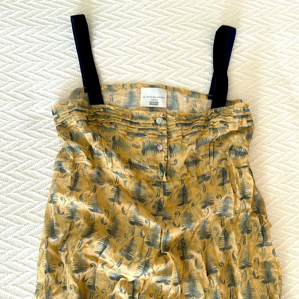 LA COSTA DEL ALGODON pale yellow and green printed dress velvet straps small S